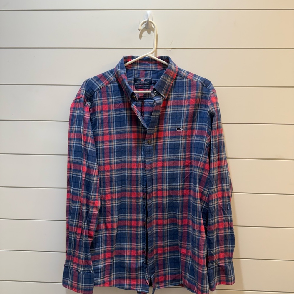 Vineyard Vines Navy and Pink Plaid Shirt